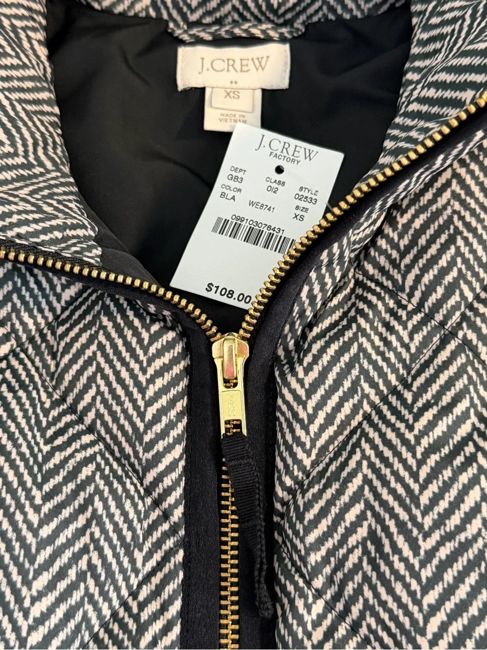 NWT! J. Crew Black Printed Quilted Waterfowl Feathers Down Puffer Vest. Size XS.
